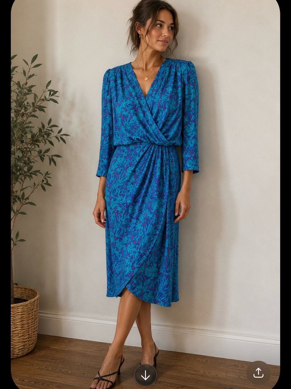 VTG 80’s silk wrap dress,blue,purple floral abstract midi dress